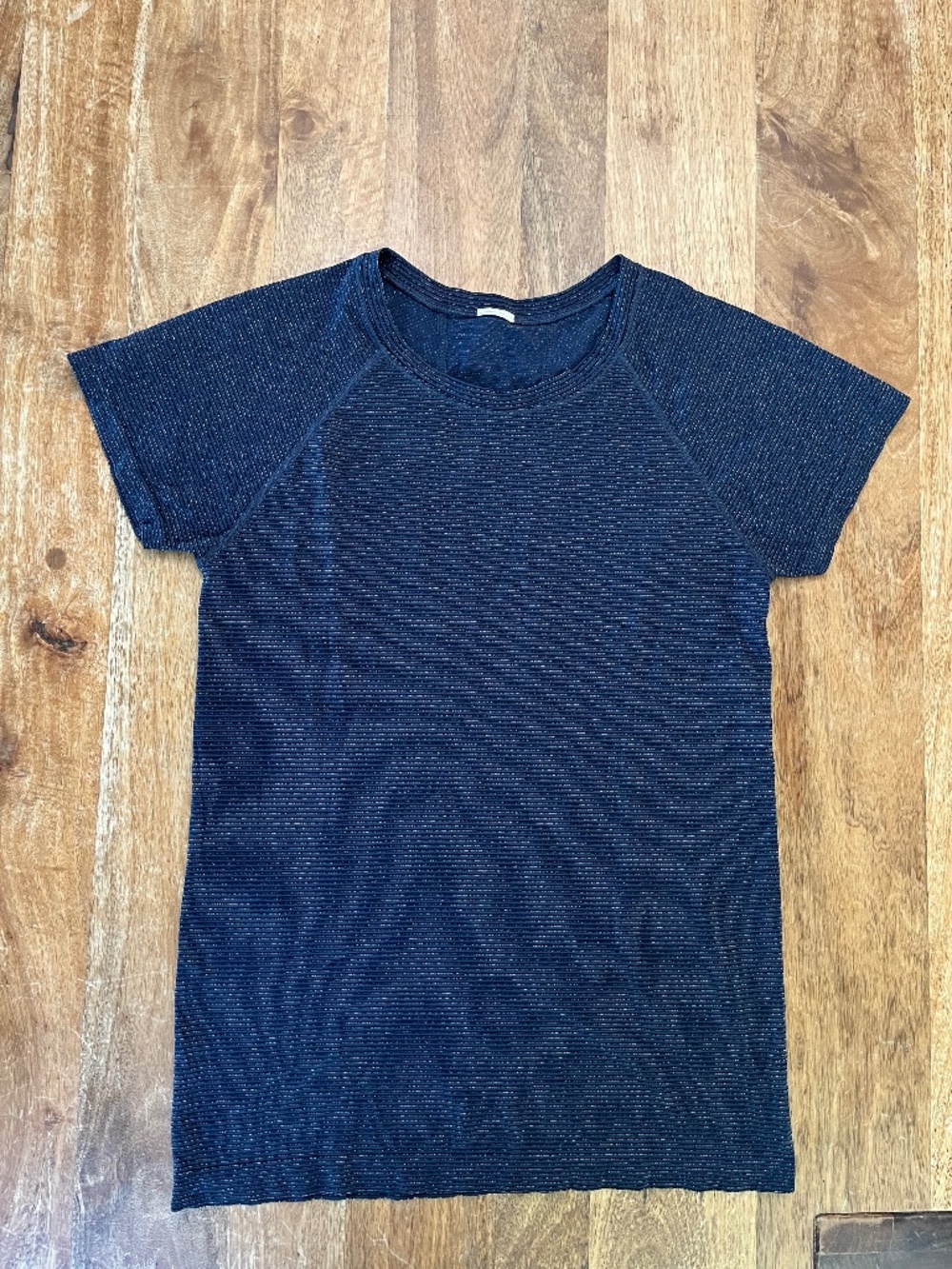 Athleta Navy Workout Tee with Gold Stripes
